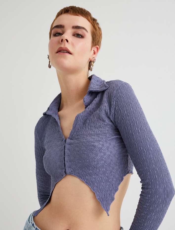  Crop Bluz Asimetrik Kesim Dokulu Slim Fit Uzun Kollu Gömlek Yaka Bürümcük