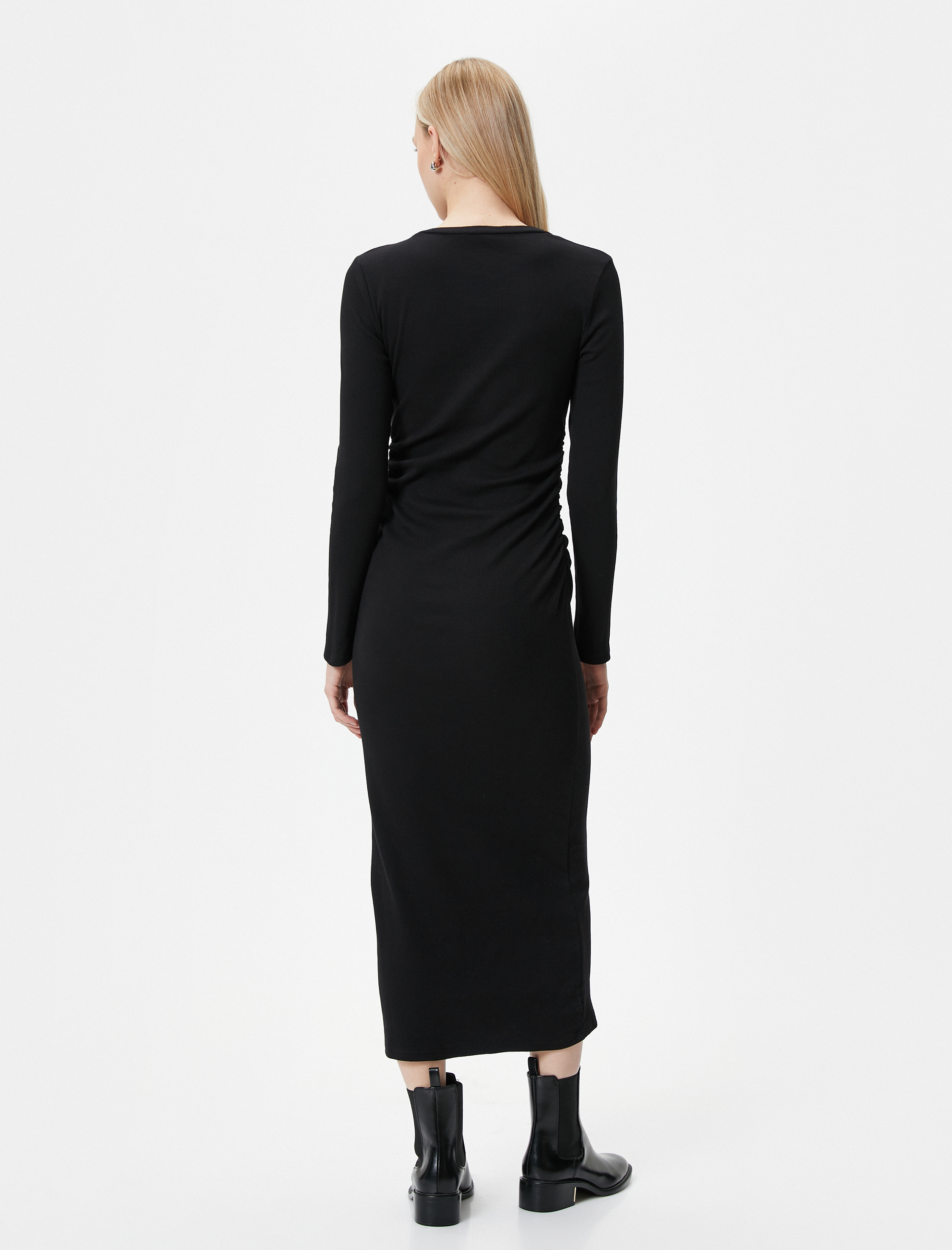   Midi Elbise Bisiklet Yaka Uzun Kollu Slim Fit