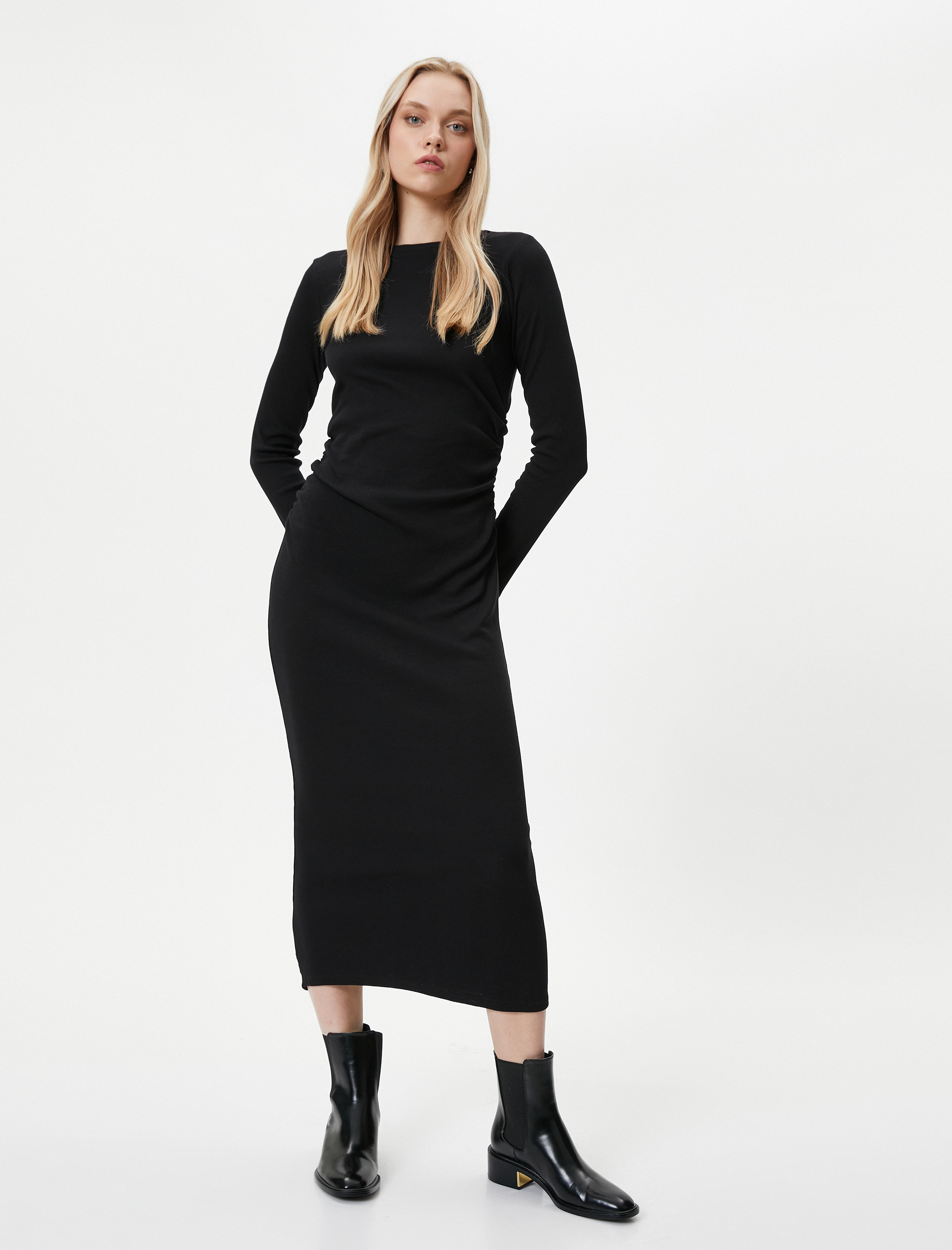   Midi Elbise Bisiklet Yaka Uzun Kollu Slim Fit