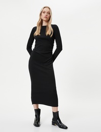 Midi Elbise Bisiklet Yaka Uzun Kollu Slim Fit