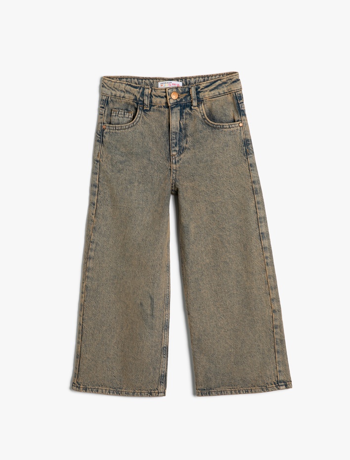 Kız Çocuk Geniş Paça Kot Pantolon Cepli Pamuklu