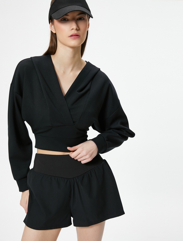  Modal Kumaş Crop Kapüşonlu Sweatshirt Kruvaze V Yaka