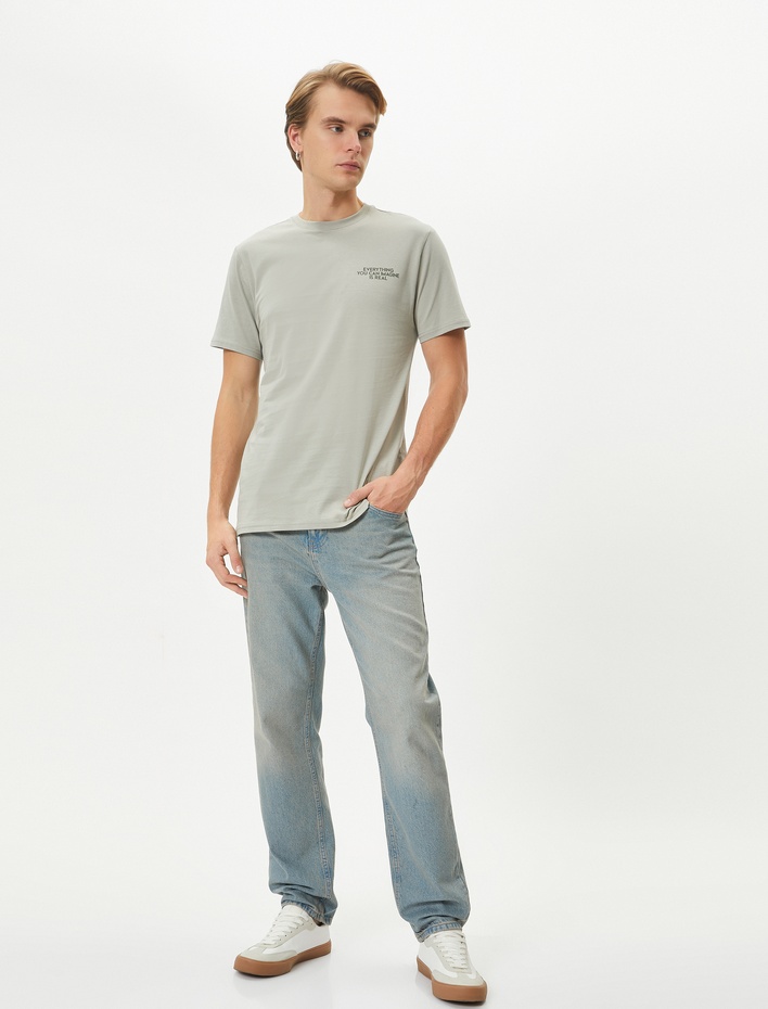  Slogan Baskılı Tişört Slim Fit Bisiklet Yaka Kısa Kollu Pamuklu