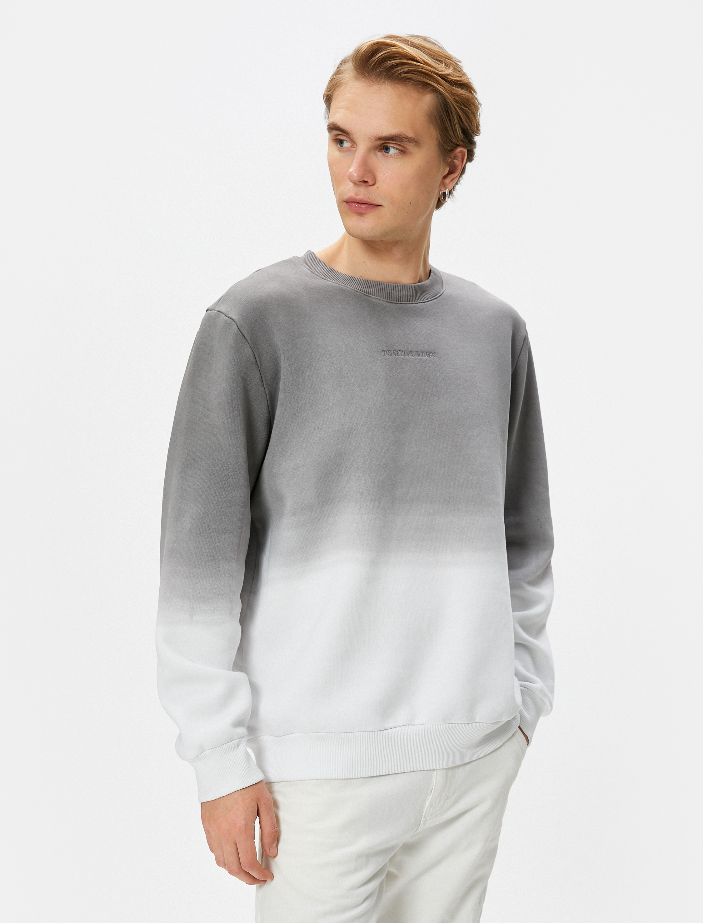   Slogan İşlemeli Sweatshirt Soyut Baskılı Bisiklet Yaka Şardonlu