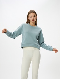 Şardonlu Basic Spor Crop Sweatshirt Rahat Kalıp Pamuklu Bisiklet Yaka Uzun Kollu