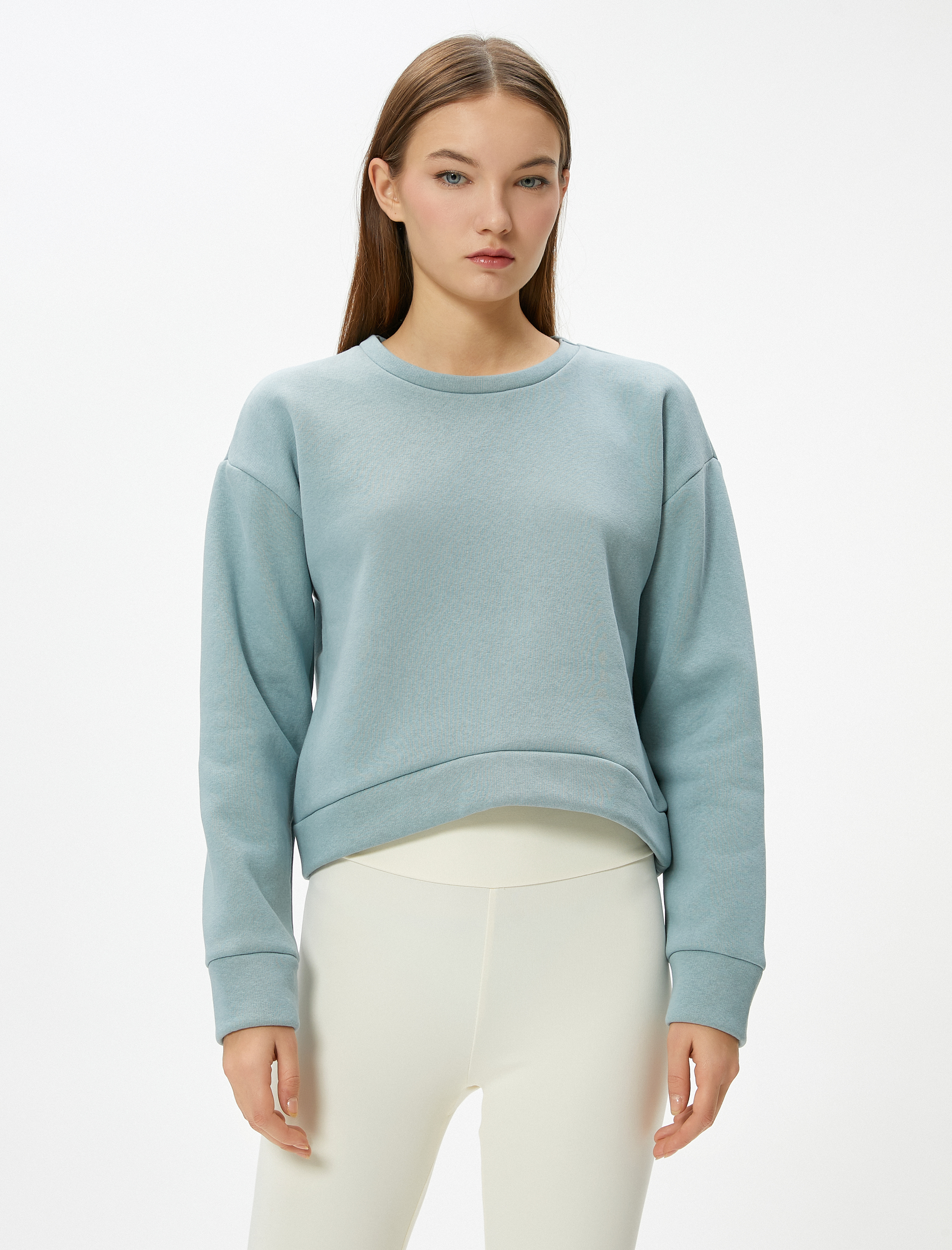   Şardonlu Basic Spor Crop Sweatshirt Rahat Kalıp Pamuklu Bisiklet Yaka Uzun Kollu