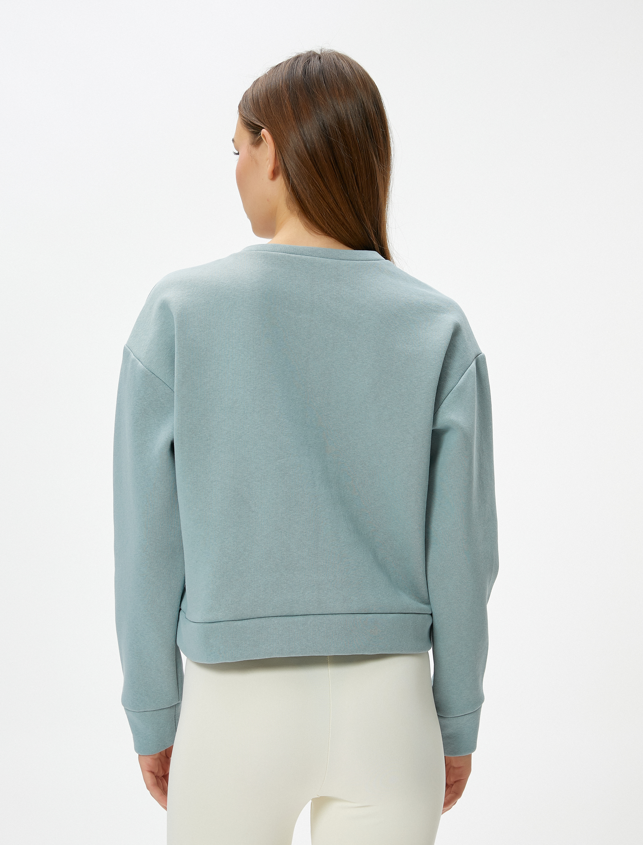   Şardonlu Basic Spor Crop Sweatshirt Rahat Kalıp Pamuklu Bisiklet Yaka Uzun Kollu