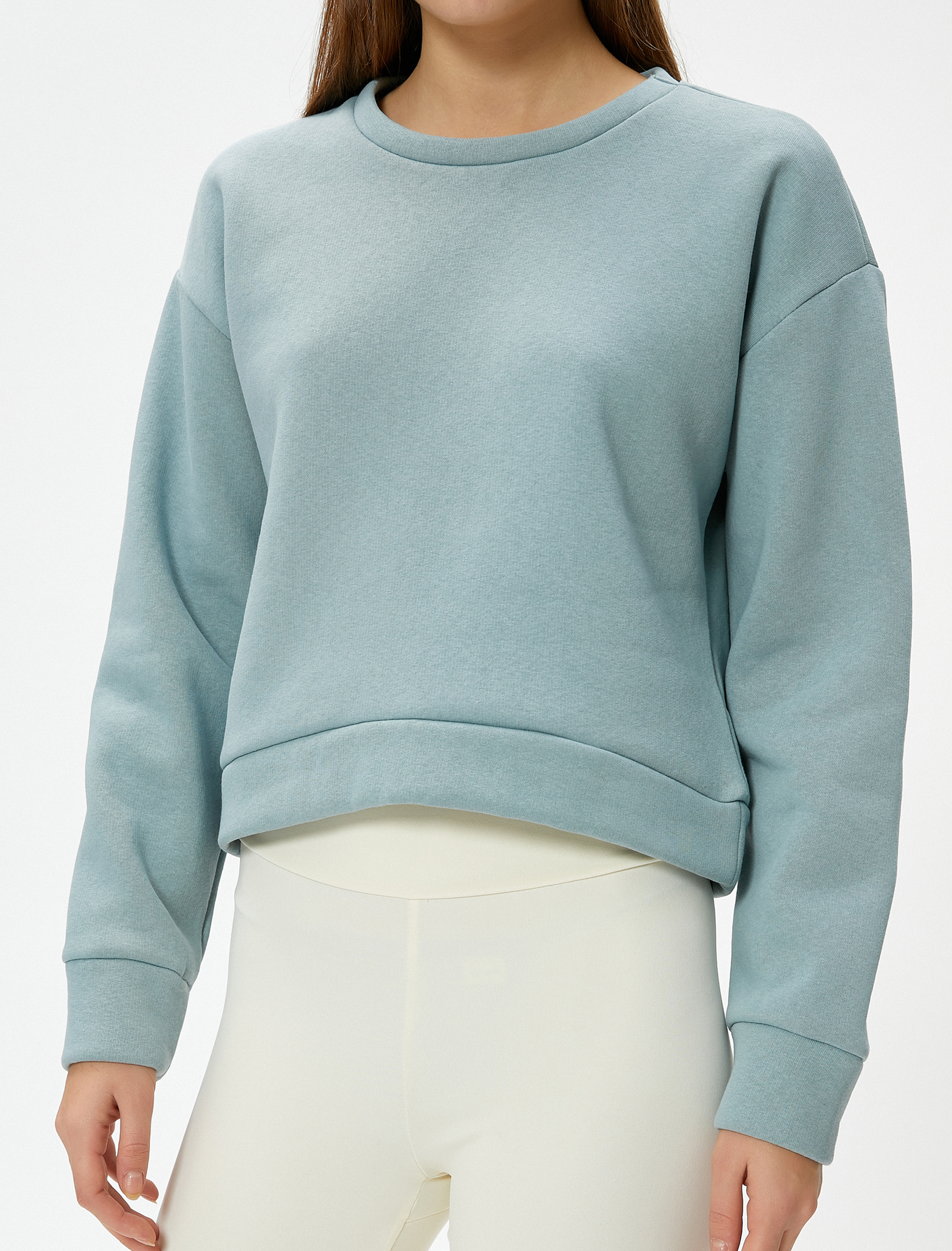   Şardonlu Basic Spor Crop Sweatshirt Rahat Kalıp Pamuklu Bisiklet Yaka Uzun Kollu