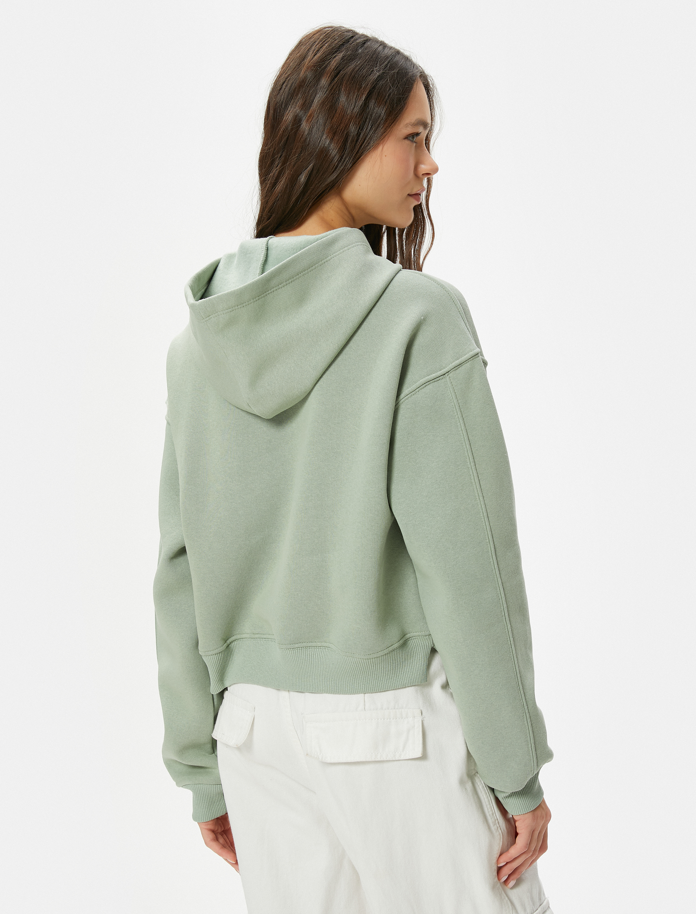   Şardonlu Kedili Crop Kapşonlu Sweatshirt Uzun Kollu Rahat Kalıp