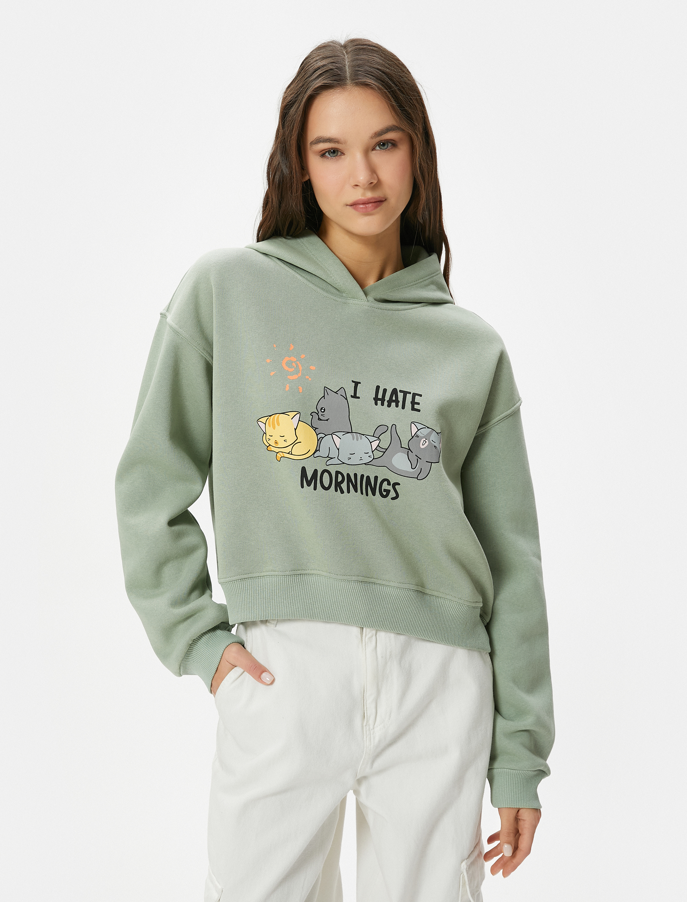   Şardonlu Kedili Crop Kapşonlu Sweatshirt Uzun Kollu Rahat Kalıp