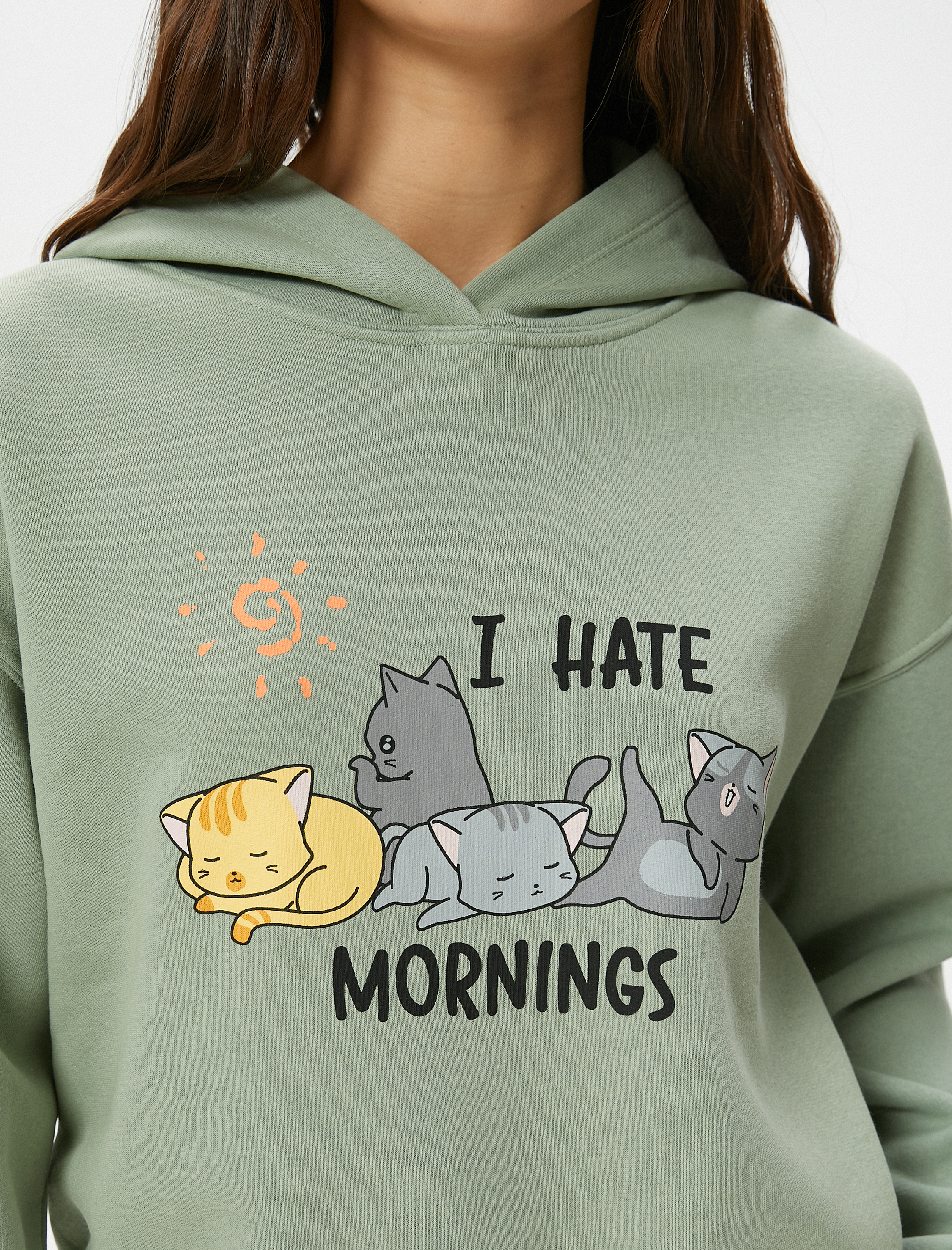   Şardonlu Kedili Crop Kapşonlu Sweatshirt Uzun Kollu Rahat Kalıp