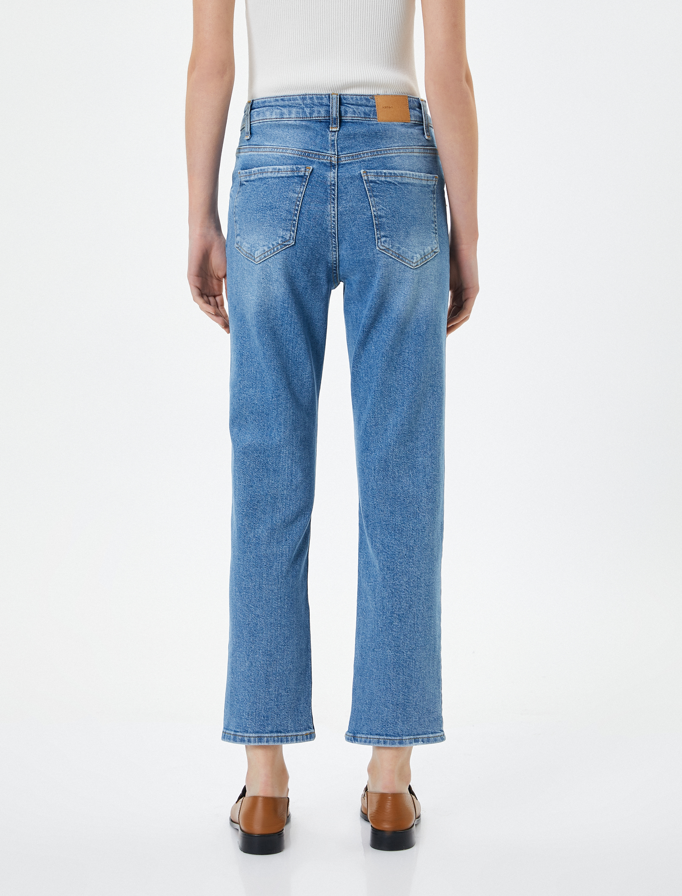   Düz Paça Kot Pantolon Standart Bel Pamuklu Esnek Cepli - Eve Slim Jean