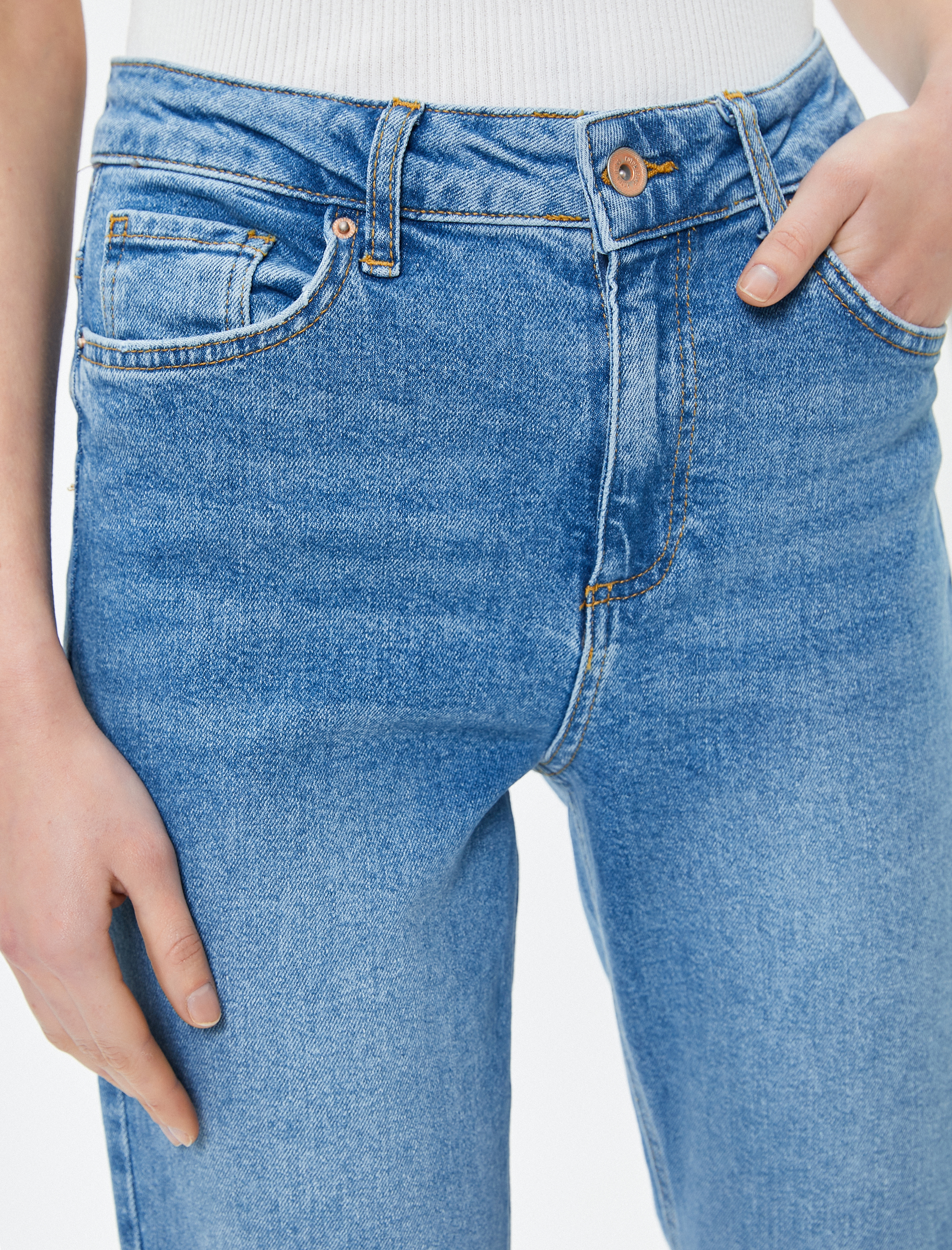  Düz Paça Kot Pantolon Standart Bel Pamuklu Esnek Cepli - Eve Slim Jean