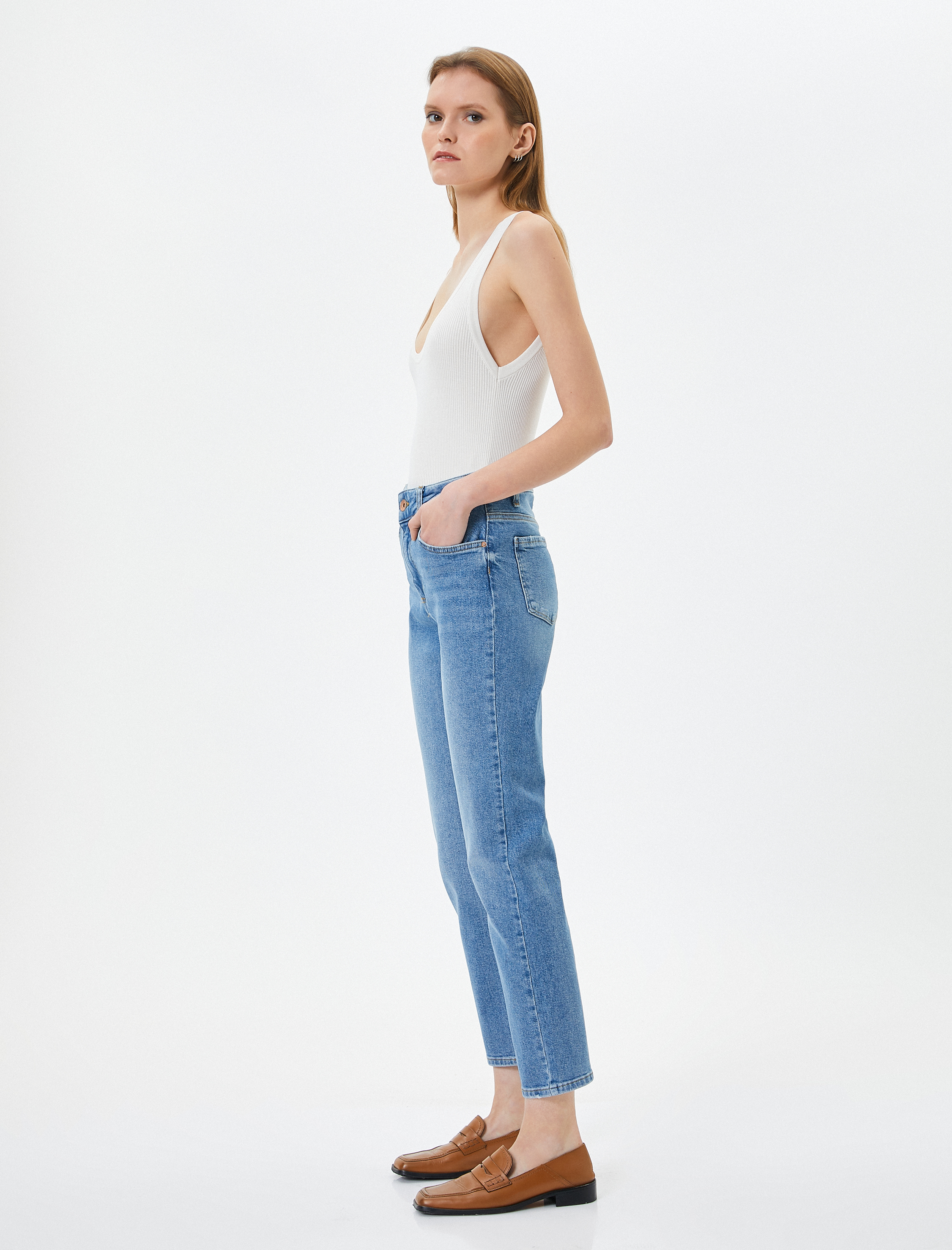   Düz Paça Kot Pantolon Standart Bel Pamuklu Esnek Cepli - Eve Slim Jean