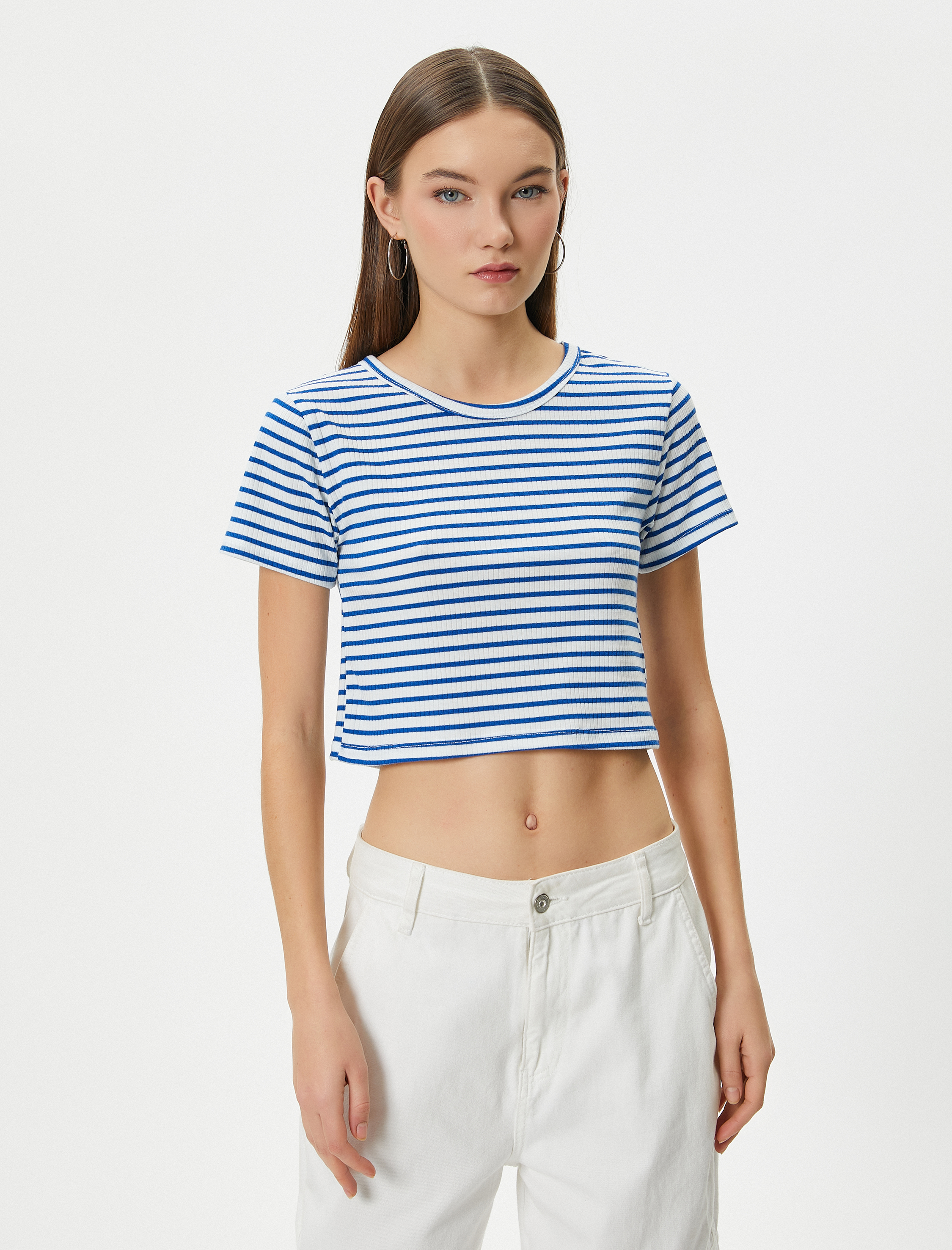   Crop Tişört Slim Fit Ribanalı Kısa Kollu Bisiklet Yaka