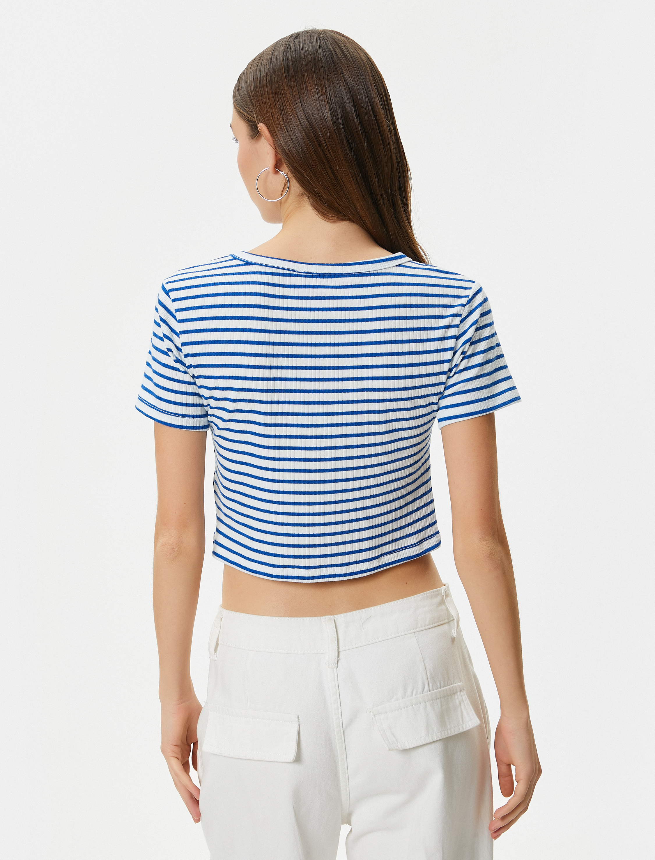   Crop Tişört Slim Fit Ribanalı Kısa Kollu Bisiklet Yaka