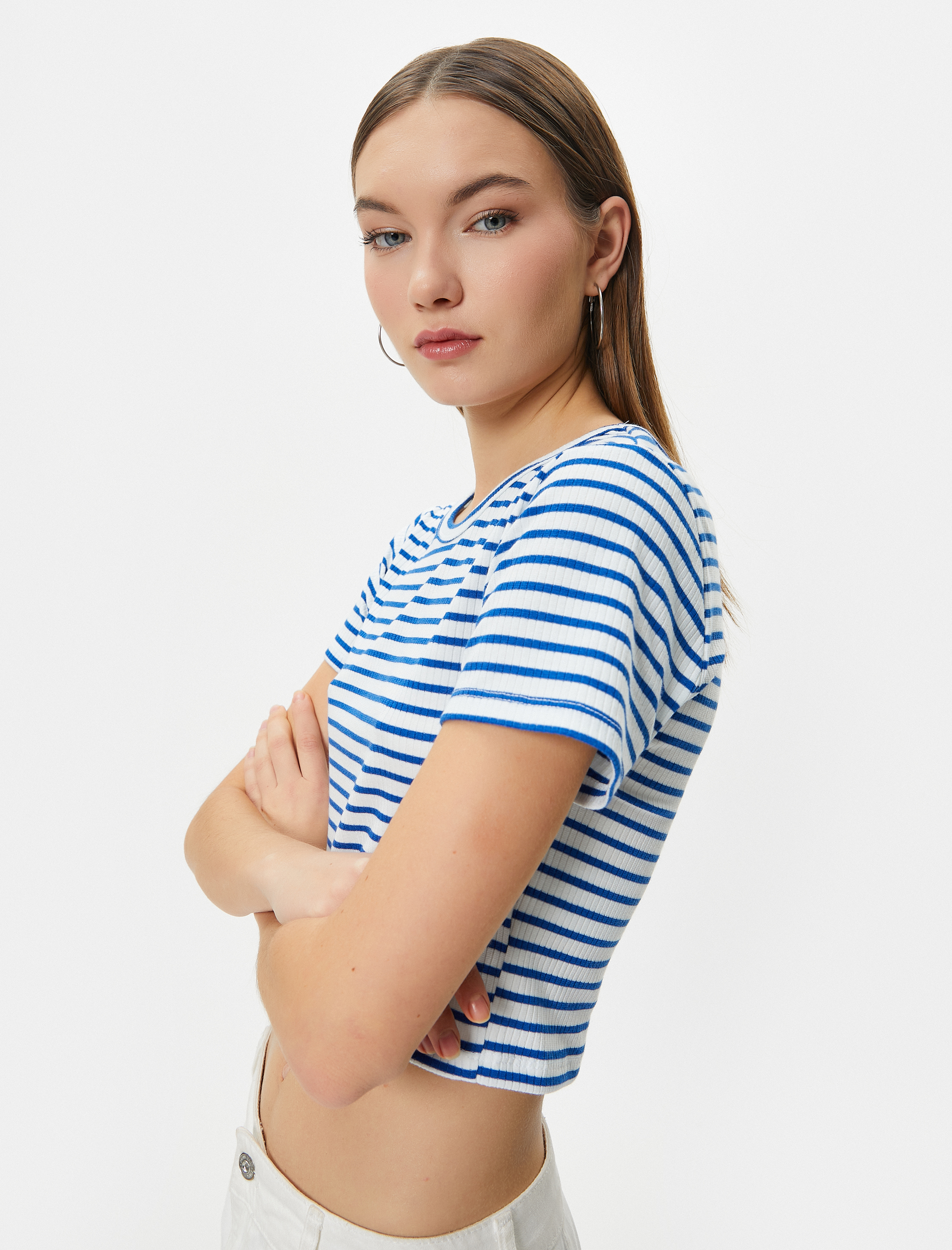   Crop Tişört Slim Fit Ribanalı Kısa Kollu Bisiklet Yaka