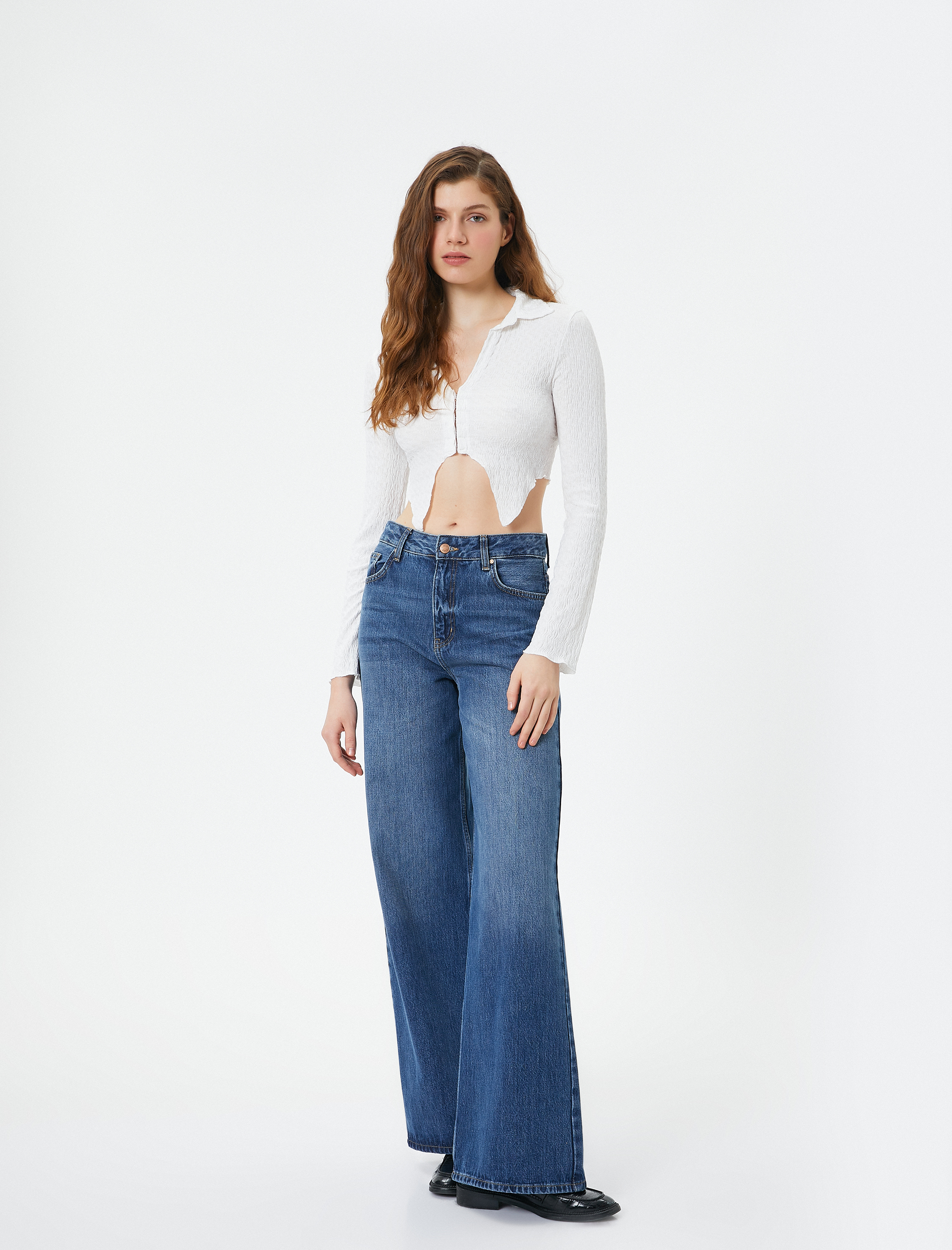   Crop Bluz Asimetrik Kesim Dokulu Slim Fit Uzun Kollu Gömlek Yaka Bürümcük