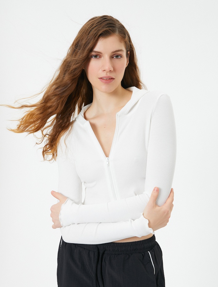  Crop Kapüşonlu Hırka Fermuarlı Uzun Kollu Slim Fit Kaşkorse