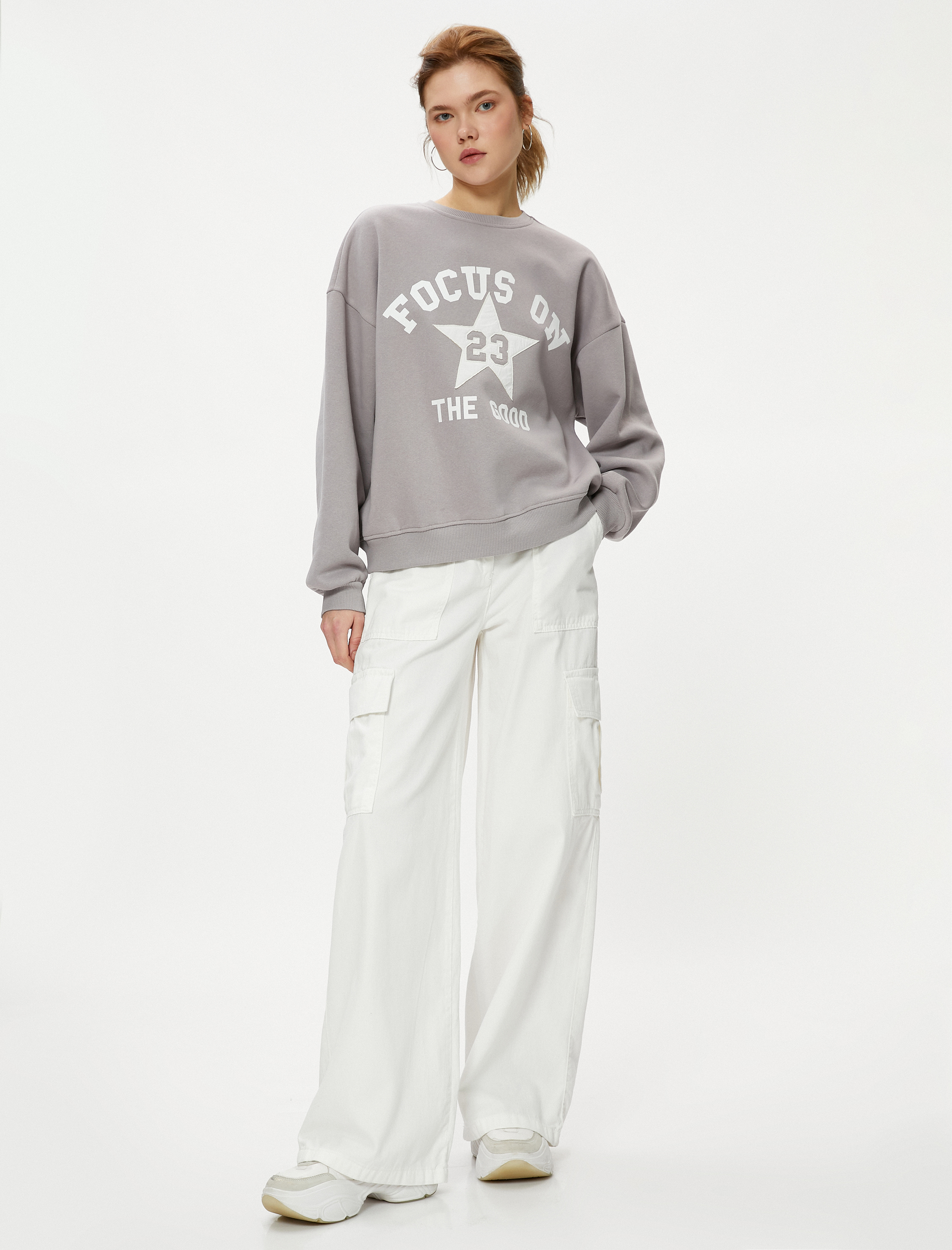   Şardonlu Sweatshirt Baskılı Bisiklet Yaka Uzun Kollu