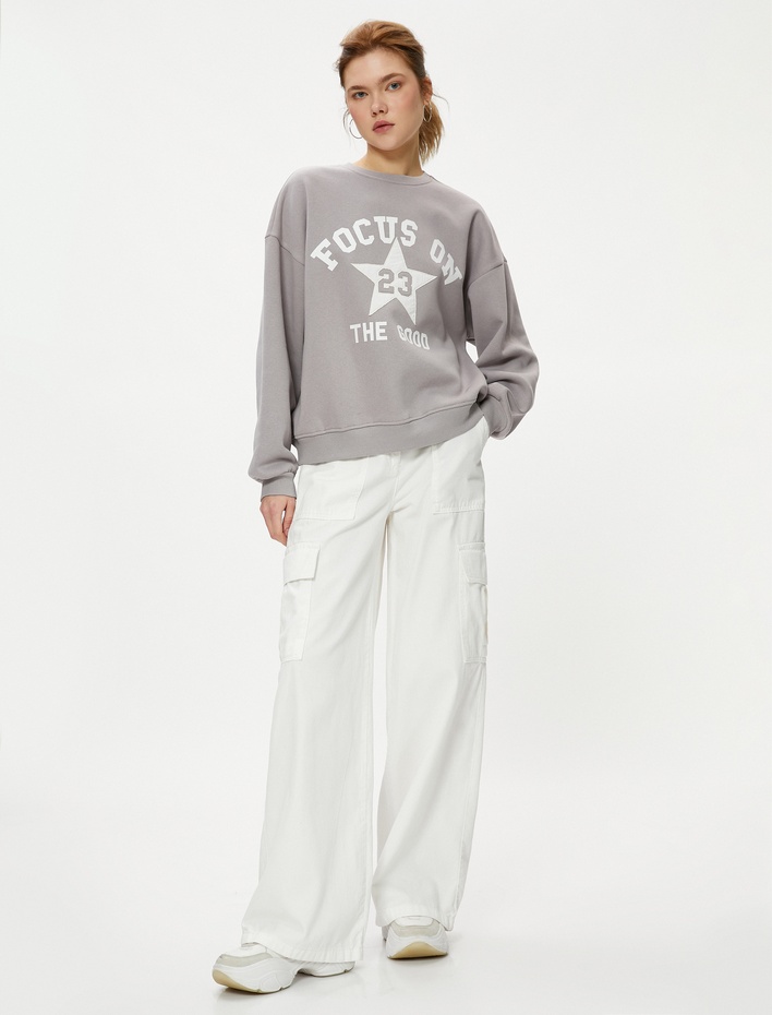  Şardonlu Sweatshirt Baskılı Bisiklet Yaka Uzun Kollu