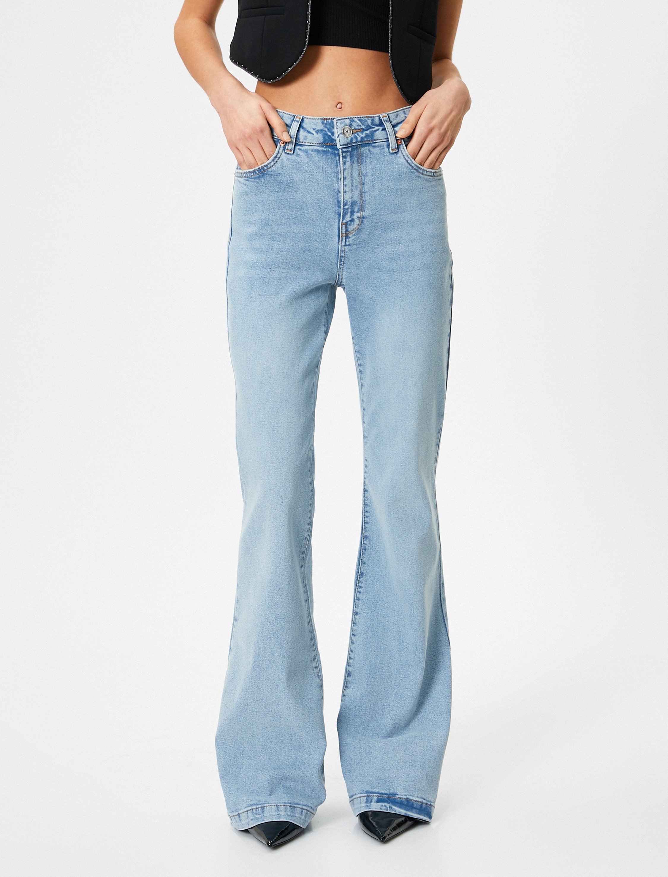   İspanyol Paça Kot Pantolon Slim Fit Yüksek Bel Esnek Pamuklu Cepli - Flare Jeans