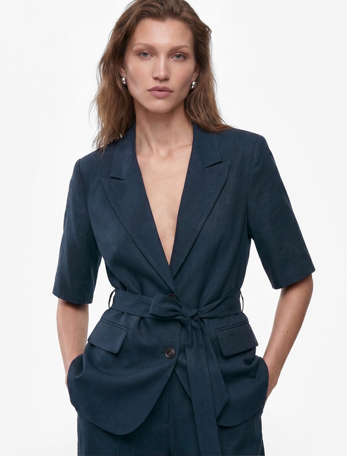 Viskon Karışımlı Kemer Detaylı Geniş Yaka Blazer Ceket