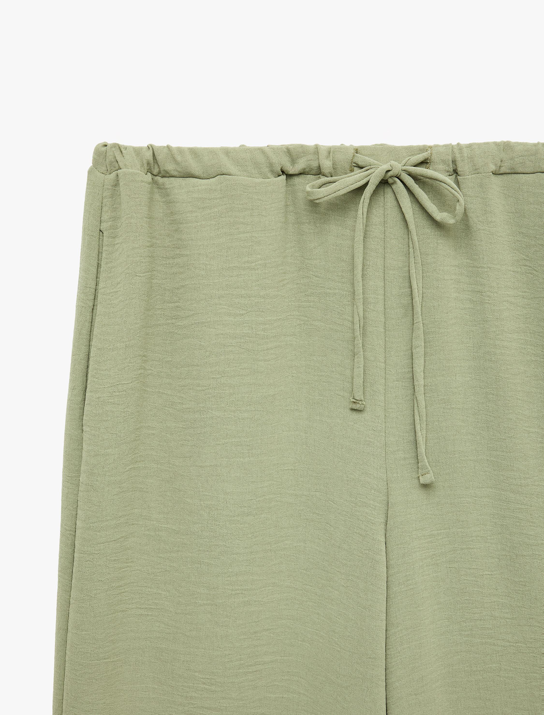   Keten Görünümlü Beli Bağcıklı Cepli Düz Geniş Paça Pantolon