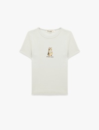 Pamuklu Slim Fit Bisiklet Yaka Kısa Kollu Kedi Nakışlı Tişört