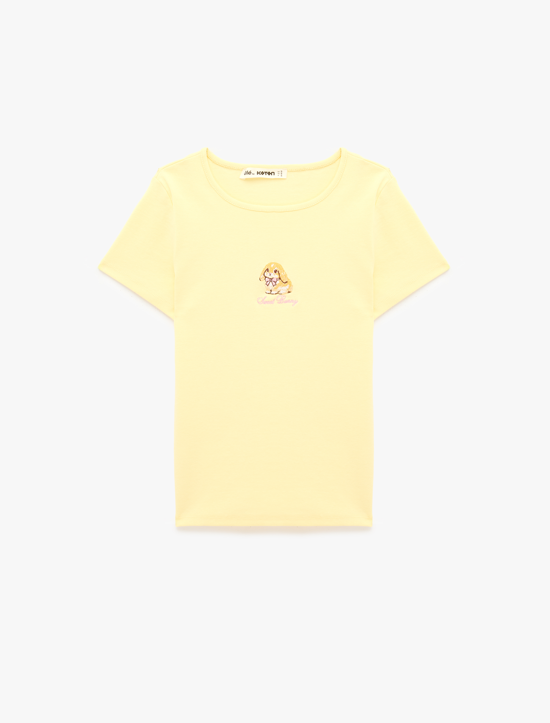   Pamuklu Slim Fit Bisiklet Yaka Kısa Kollu Tavşan Nakışlı Tişört