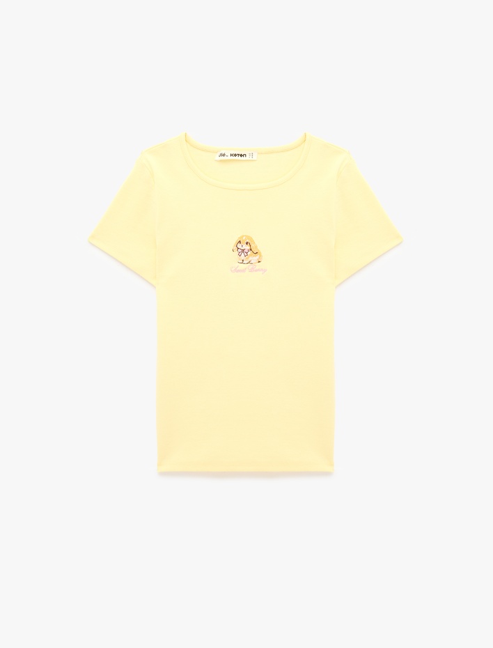 Pamuklu Slim Fit Bisiklet Yaka Kısa Kollu Tavşan Nakışlı Tişört