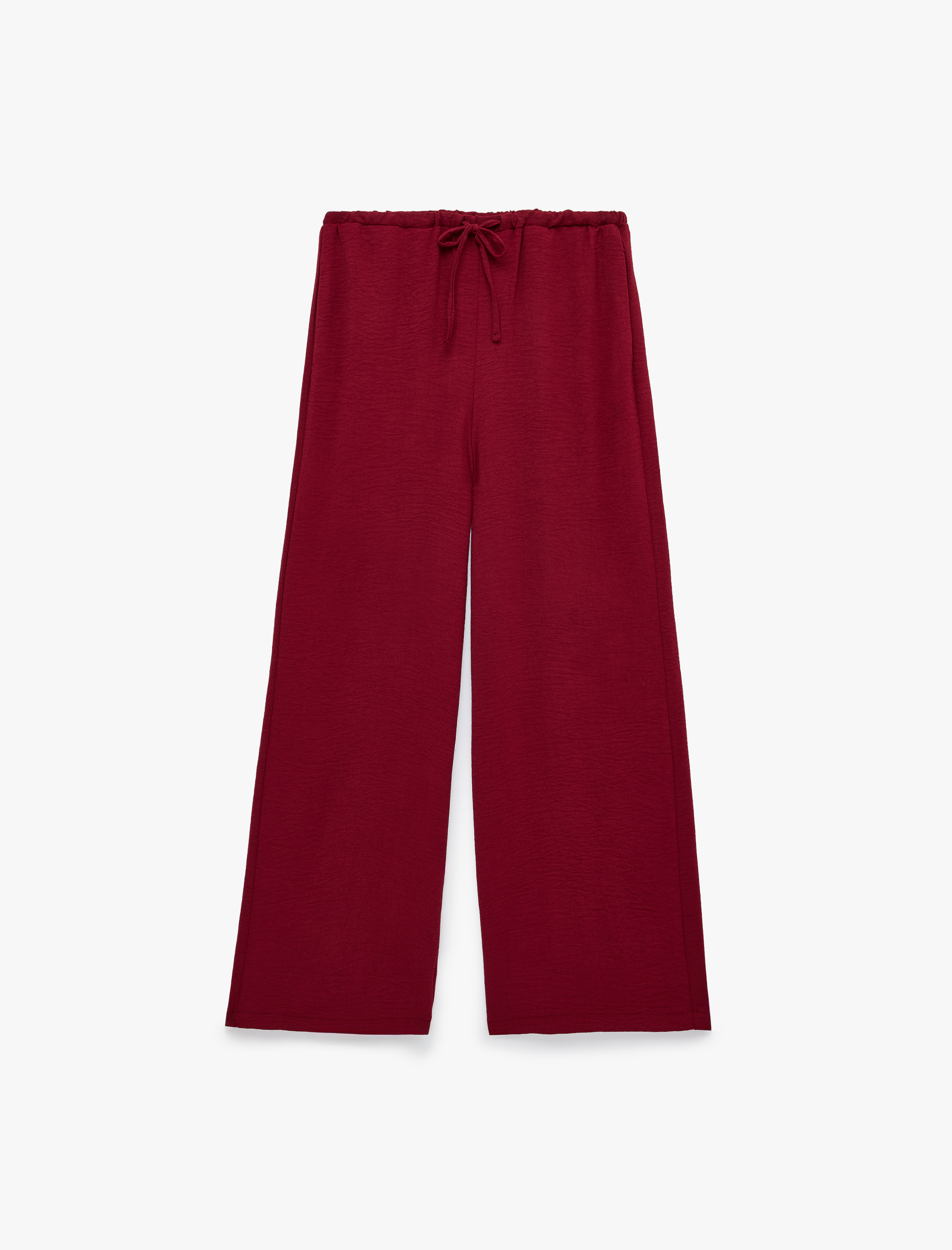   Keten Görünümlü Beli Bağcıklı Cepli Düz Geniş Paça Pantolon