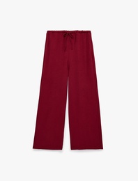 Keten Görünümlü Beli Bağcıklı Cepli Düz Geniş Paça Pantolon
