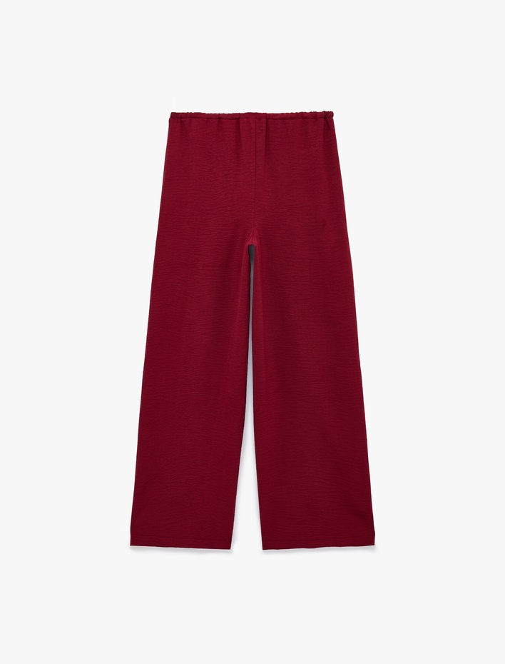  Keten Görünümlü Beli Bağcıklı Cepli Düz Geniş Paça Pantolon
