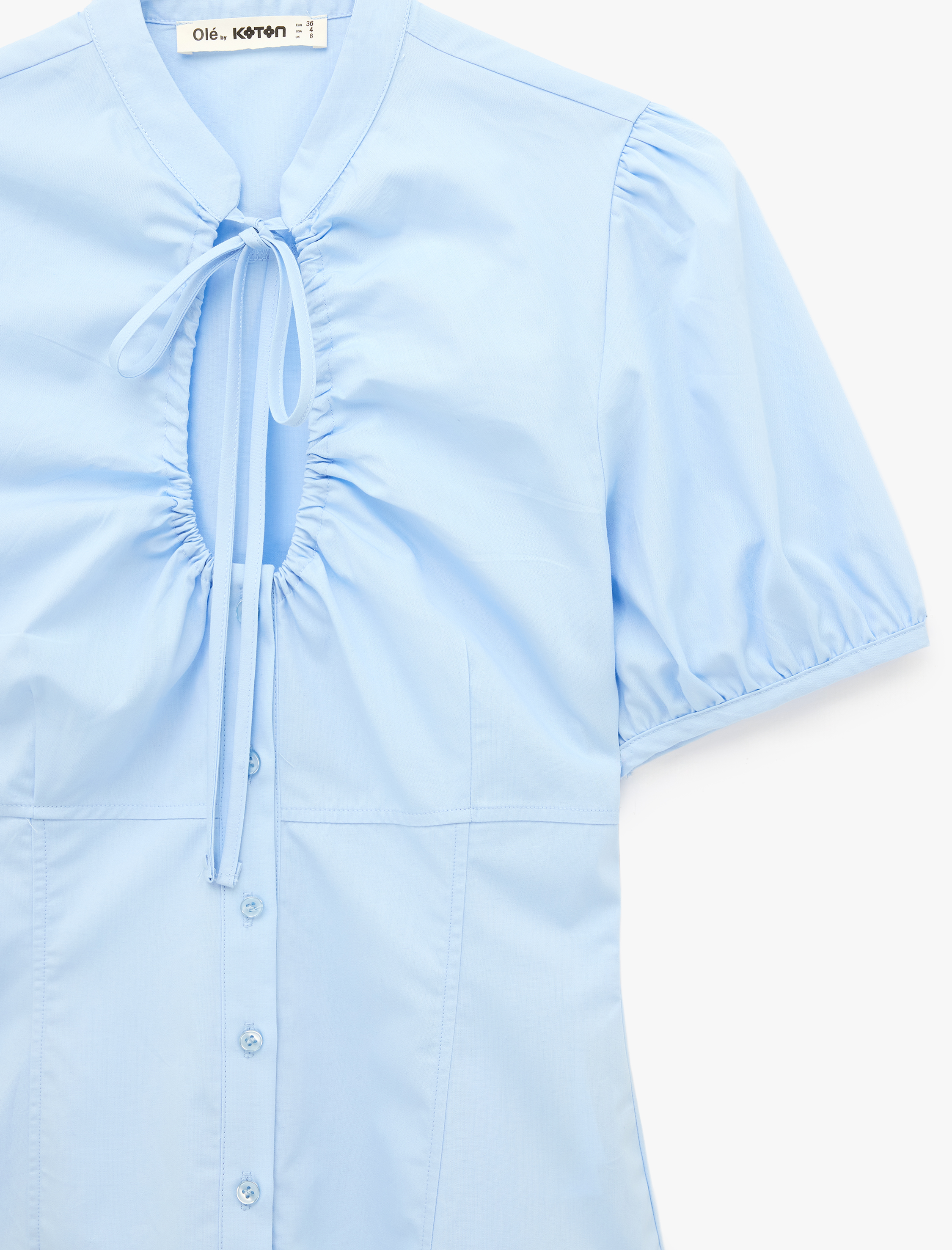   Bağlamalı Yaka Pencere Detaylı Düğmeli Kısa Balon Kollu Poplin Bluz
