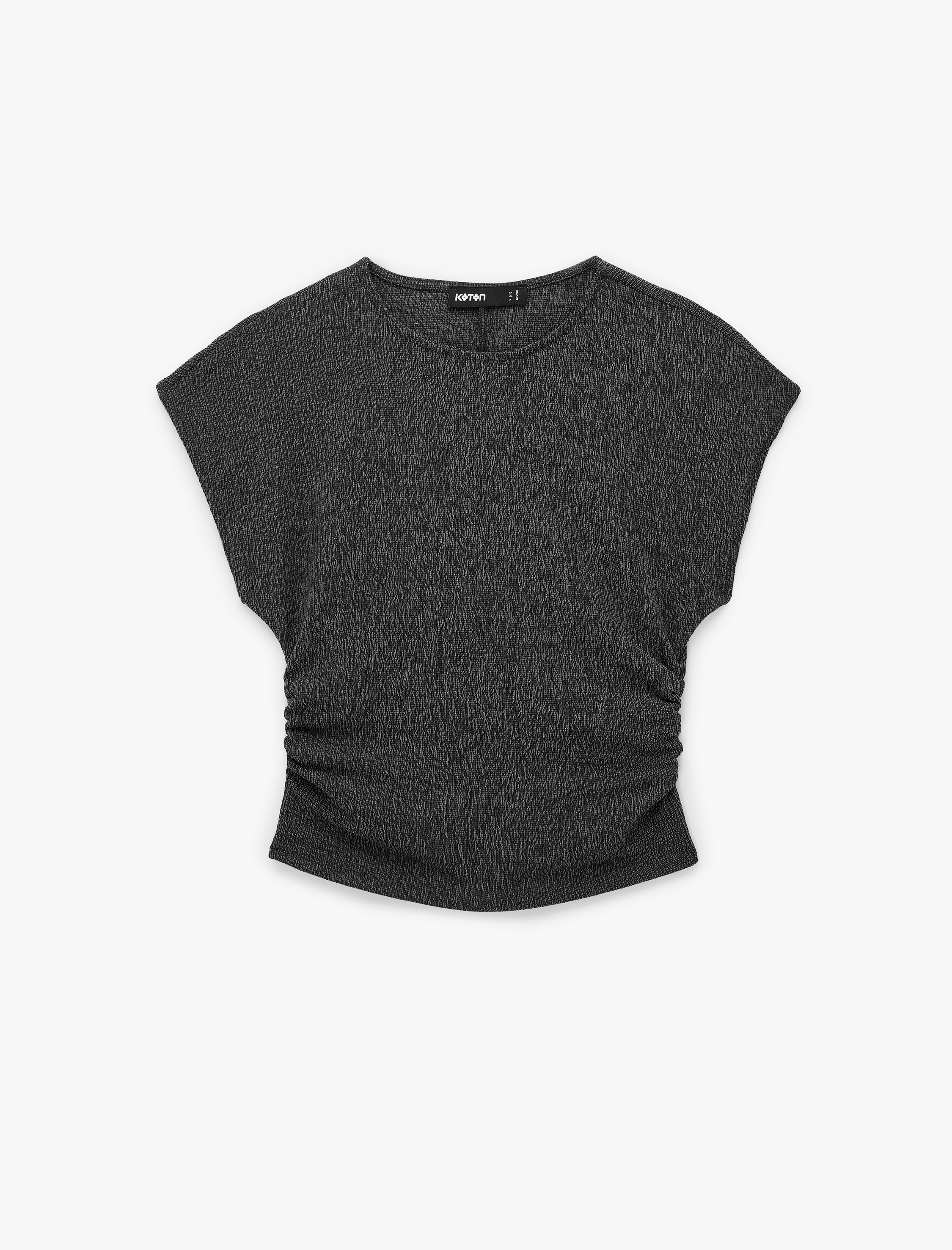   Bürümcük Kumaş Dokulu Slim Fit Drapeli Kap Kol Bisiklet Yaka Tişört