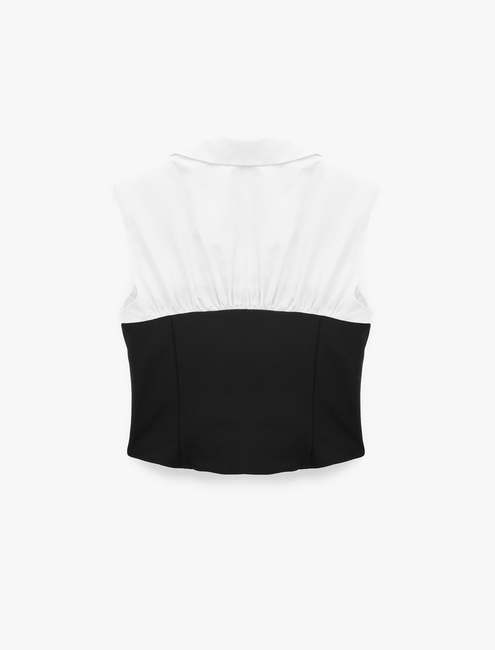  Slim Fit Pamuklu Gömlek Yaka Renk Bloklu Kolsuz Poplin Bluz