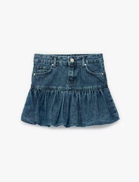 Pamuklu Cepli Balon Form Denim Etek