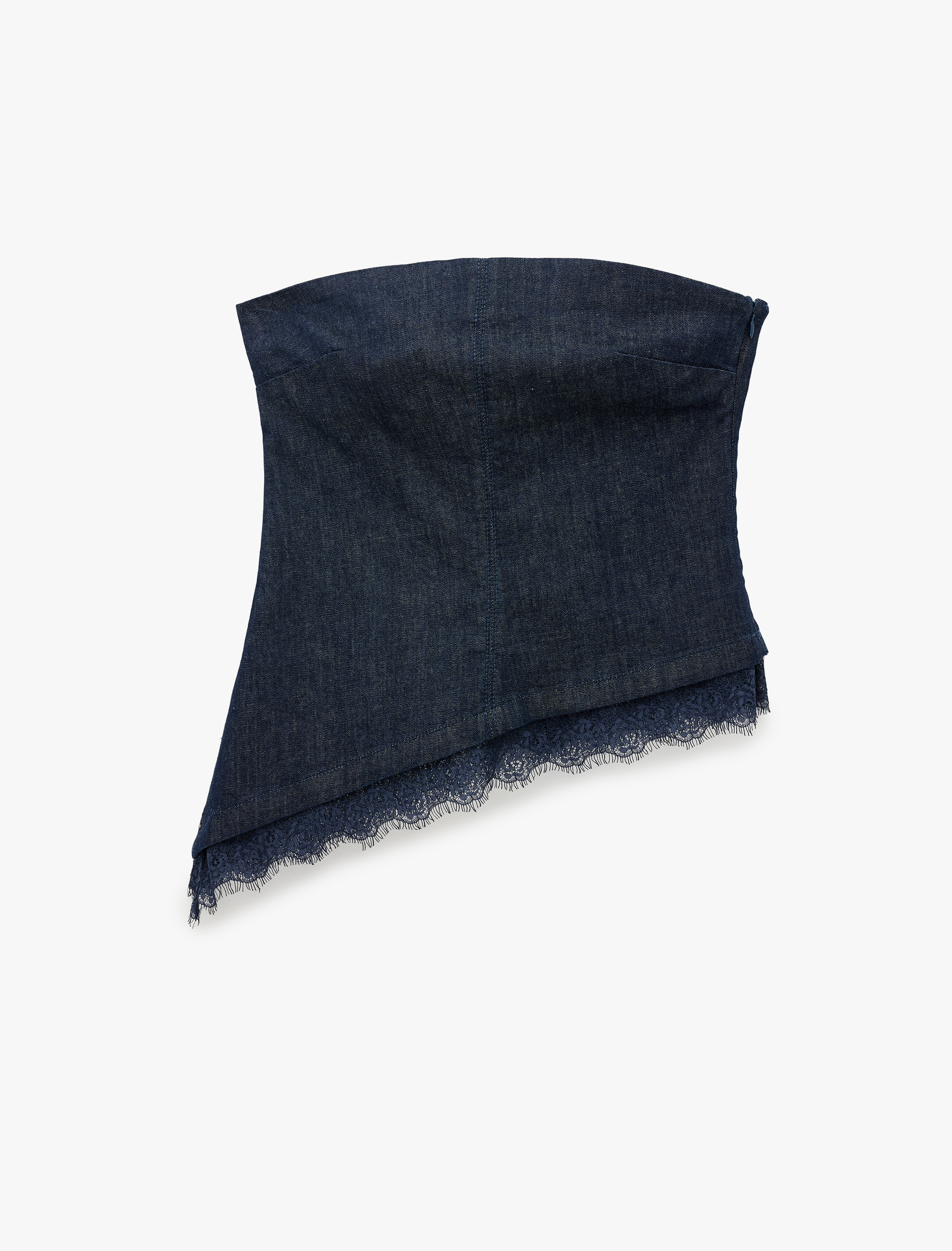   Dantel Detaylı Asimetrik Kesim Straplez Kolsuz Denim Büstiyer