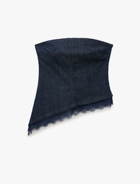Dantel Detaylı Asimetrik Kesim Straplez Kolsuz Denim Büstiyer