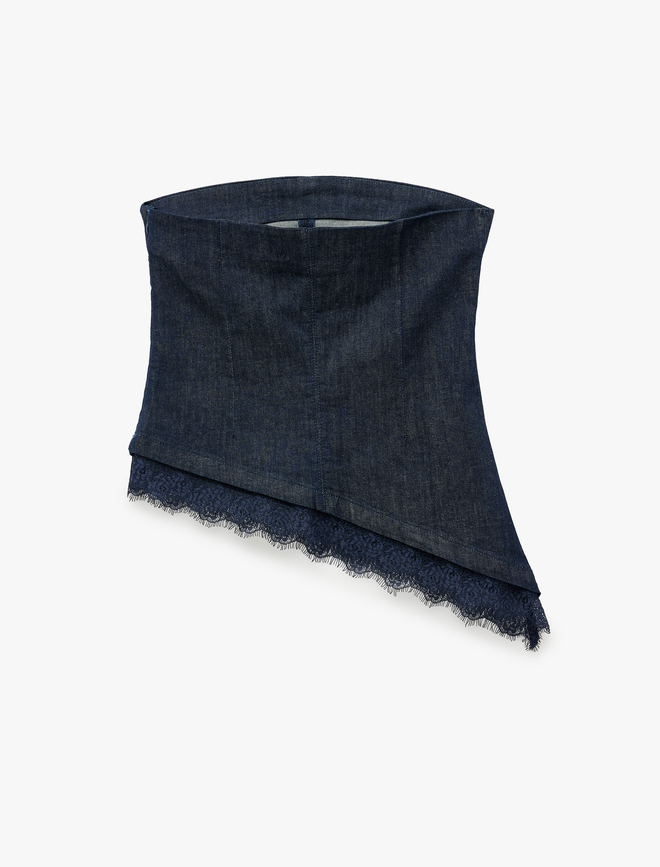   Dantel Detaylı Asimetrik Kesim Straplez Kolsuz Denim Büstiyer