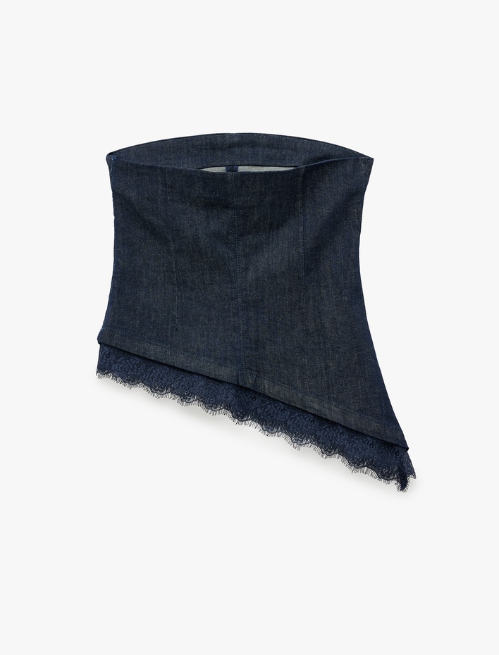  Dantel Detaylı Asimetrik Kesim Straplez Kolsuz Denim Büstiyer