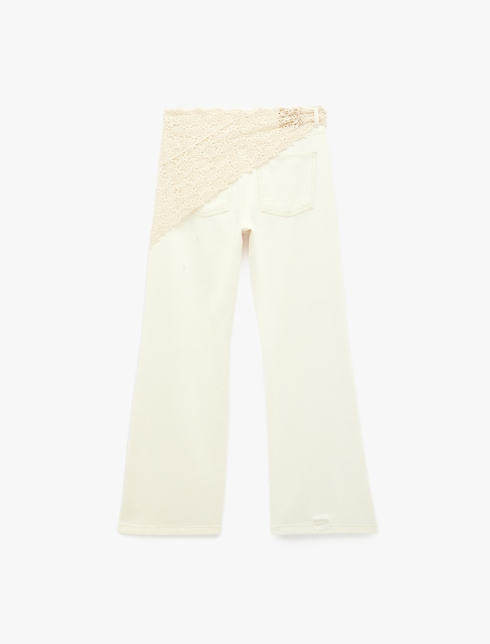  Dar Kalıp Dantel Detaylı Yıpratılmış İspanyol Paça Pantolon - Flare Jeans