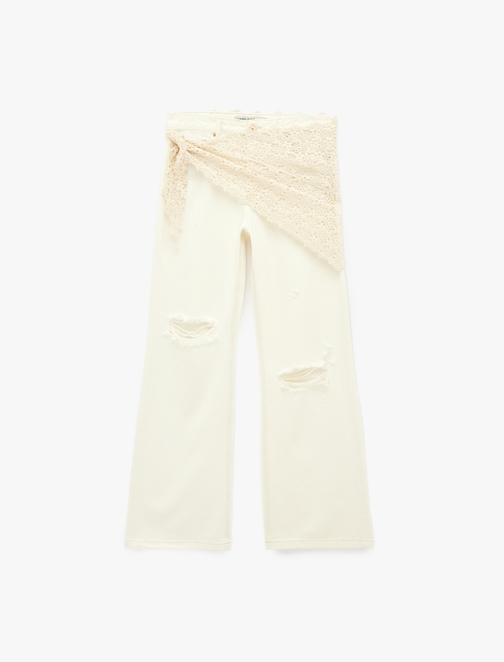  Dar Kalıp Dantel Detaylı Yıpratılmış İspanyol Paça Pantolon - Flare Jeans