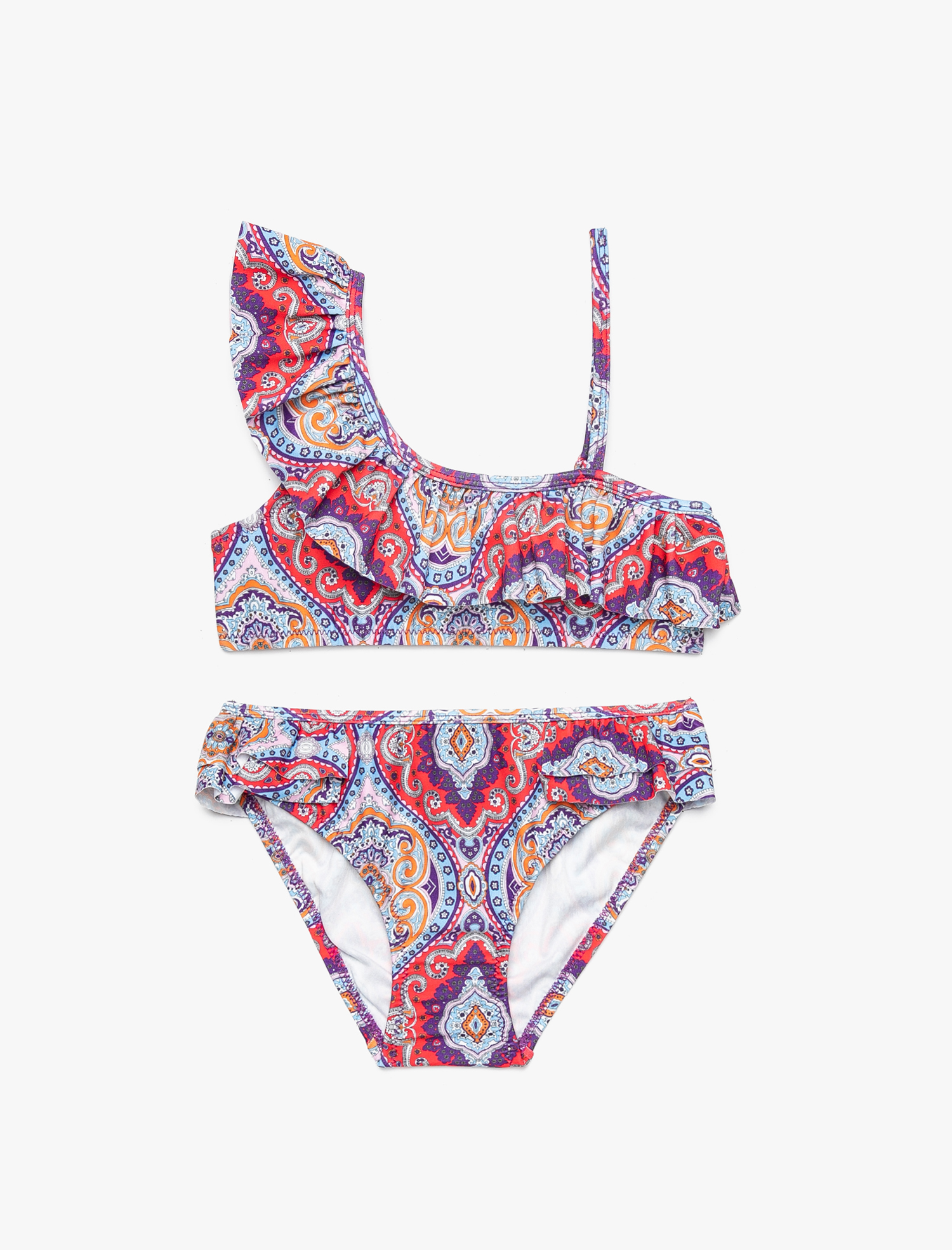  Kız Çocuk Bikini 2 Parça Asimetrik Kesim Fırfırlı Etnik Desenli