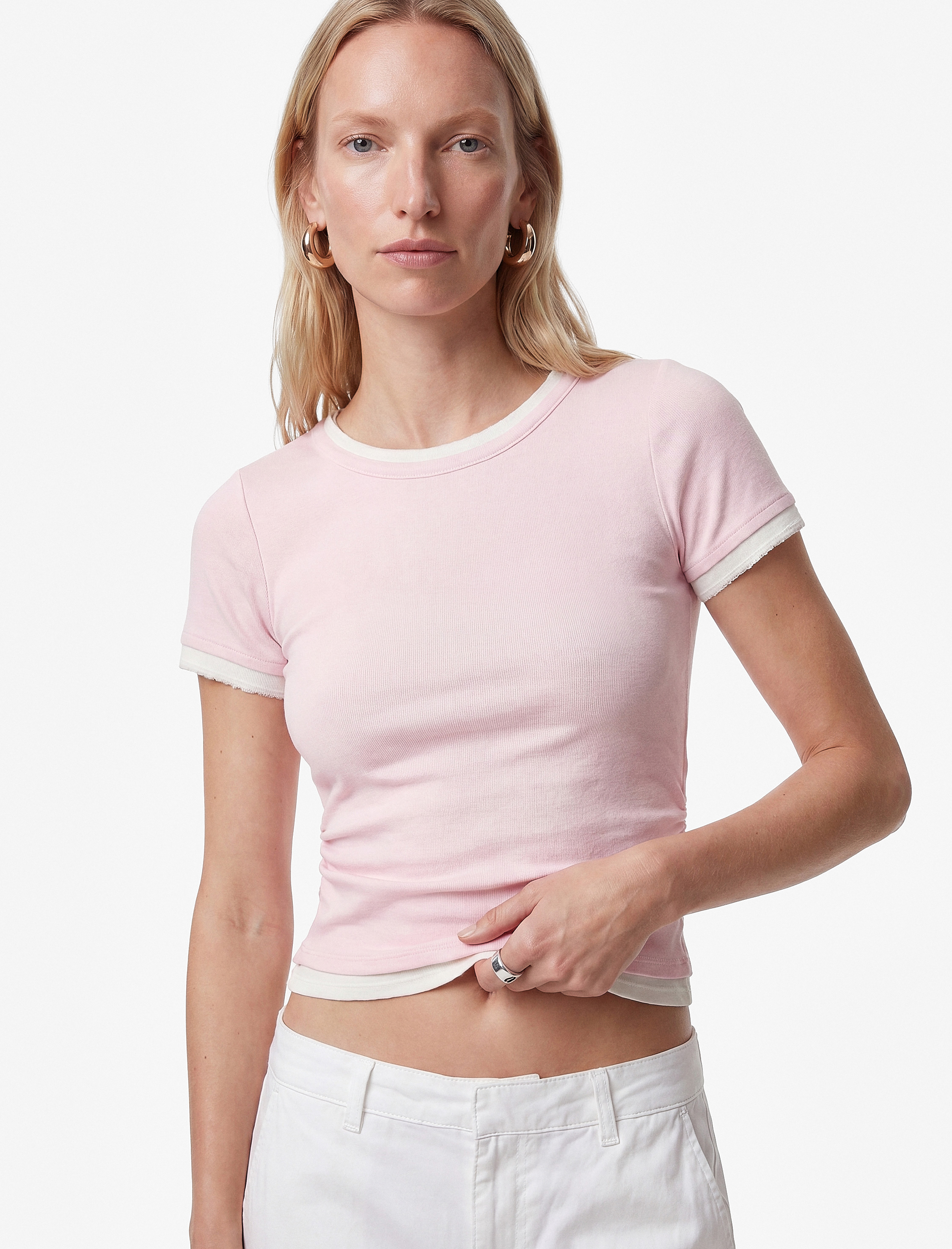   Slim Fit Bisiklet Yaka Kısa Kollu Katmanlı Dantel Detaylı Tişört