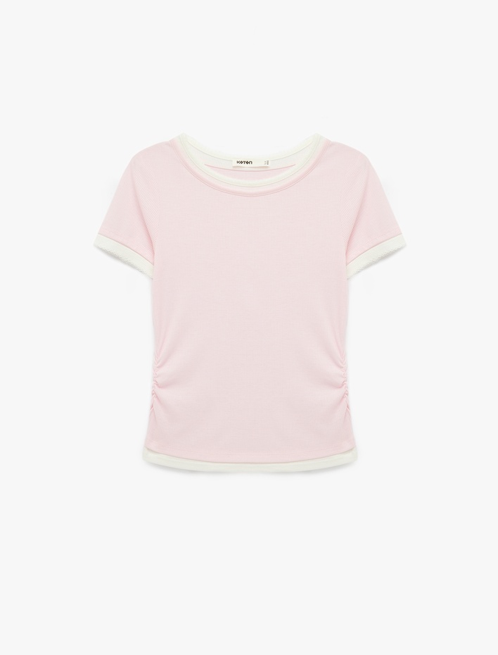 Pembe Korse Detaylı Slim Fit Bisiklet Yaka Kolsuz Crop Tişört