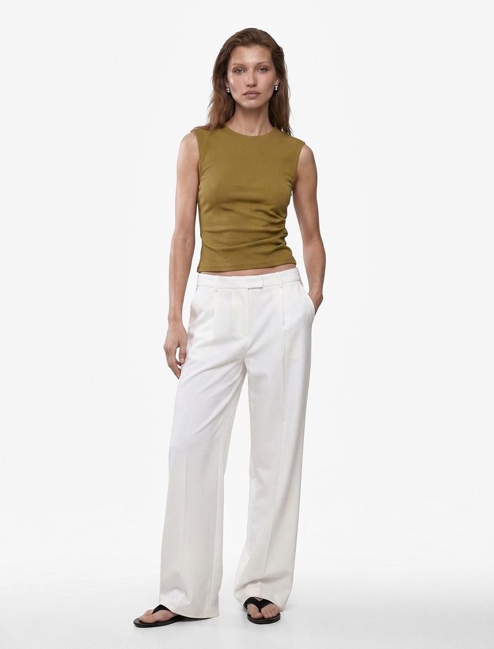  Modal Kumaş Slim Fit Drape Detaylı Bisiklet Yaka Kolsuz Fitilli Bluz