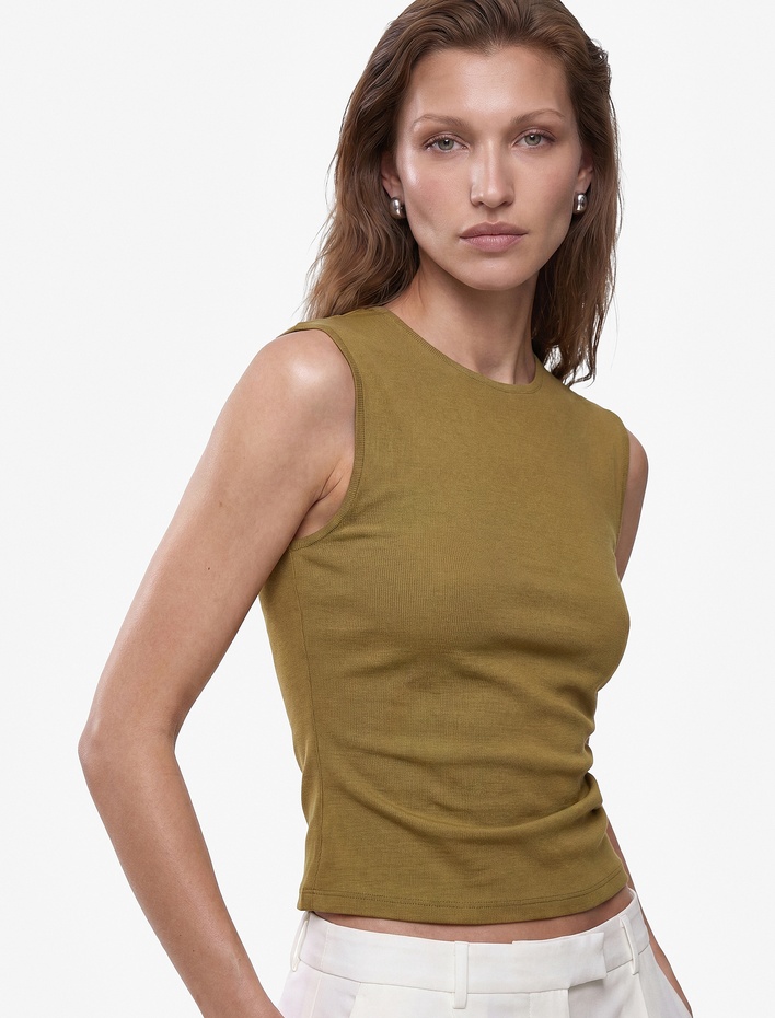  Modal Kumaş Slim Fit Drape Detaylı Bisiklet Yaka Kolsuz Fitilli Bluz