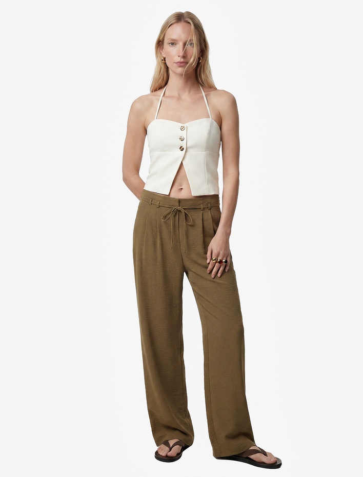  Straight Fit Pileli Kemerli Geniş Paça Pantolon